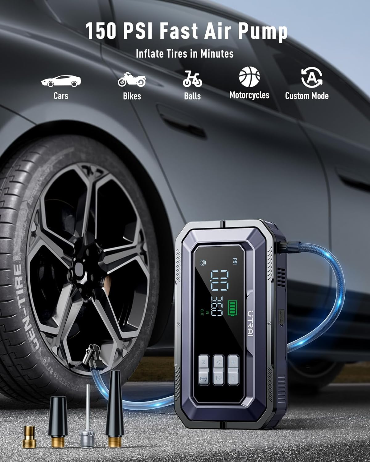 UTRAI JS-30 Booster de démarrage 7000A et 12 V avec pompe à air, lecteur de codes d'erreur OBD2, sortie DC 160W, lampe de camping LED, fonction de charge rapide 18W pour les voitures