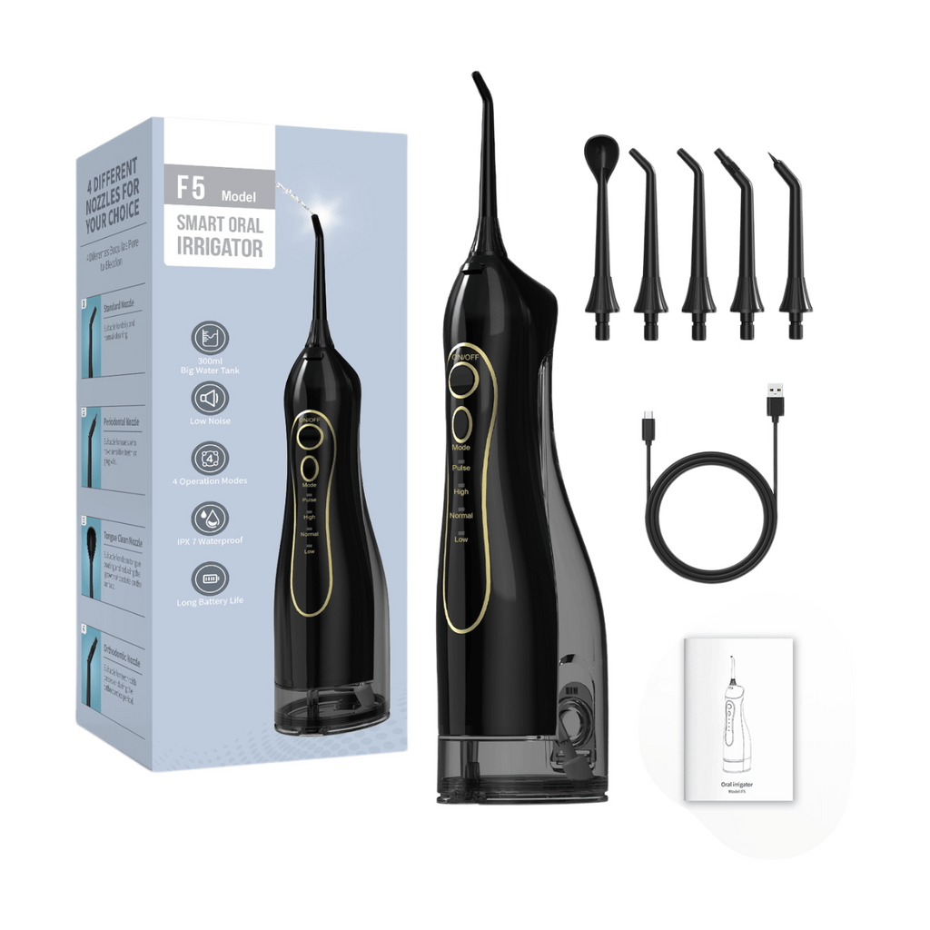 Sunluxy Hydropulseur dentaire portable sans fil, forte pression d’eau 140 PSI, 5 modes, buse rotative 360°, grand réservoir 300 ml, autonomie 40 jours, équipé de 4 types de buses, F5 Noir
