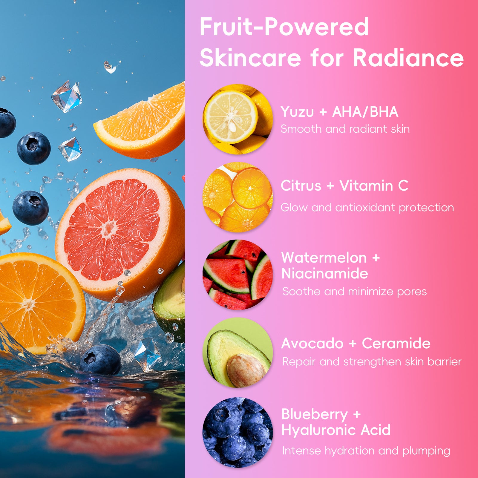 Quiyum Coffret de soins aux fruits (14 pièces) : nettoyant 100 g, lotion tonique 160 ml, crème contour des yeux 20 g, sérum 30 ml, crème 50 g, masques pour les yeux 6 g × 3