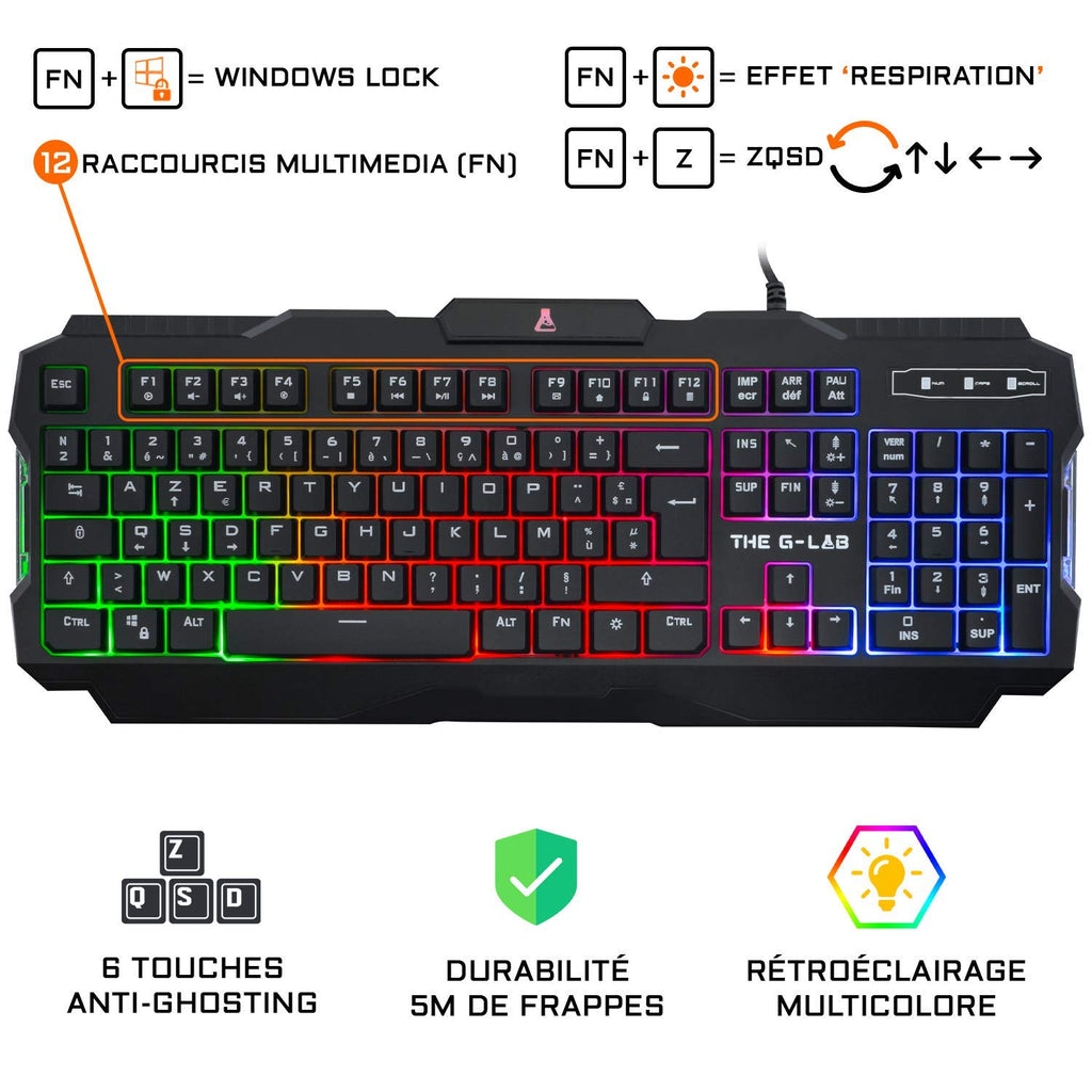 THE G-LAB Combo Argon E Combo Set Clavier et Souris Gaming Filaire - AZERTY, 3200 DPI, 6 Boutons - Noir