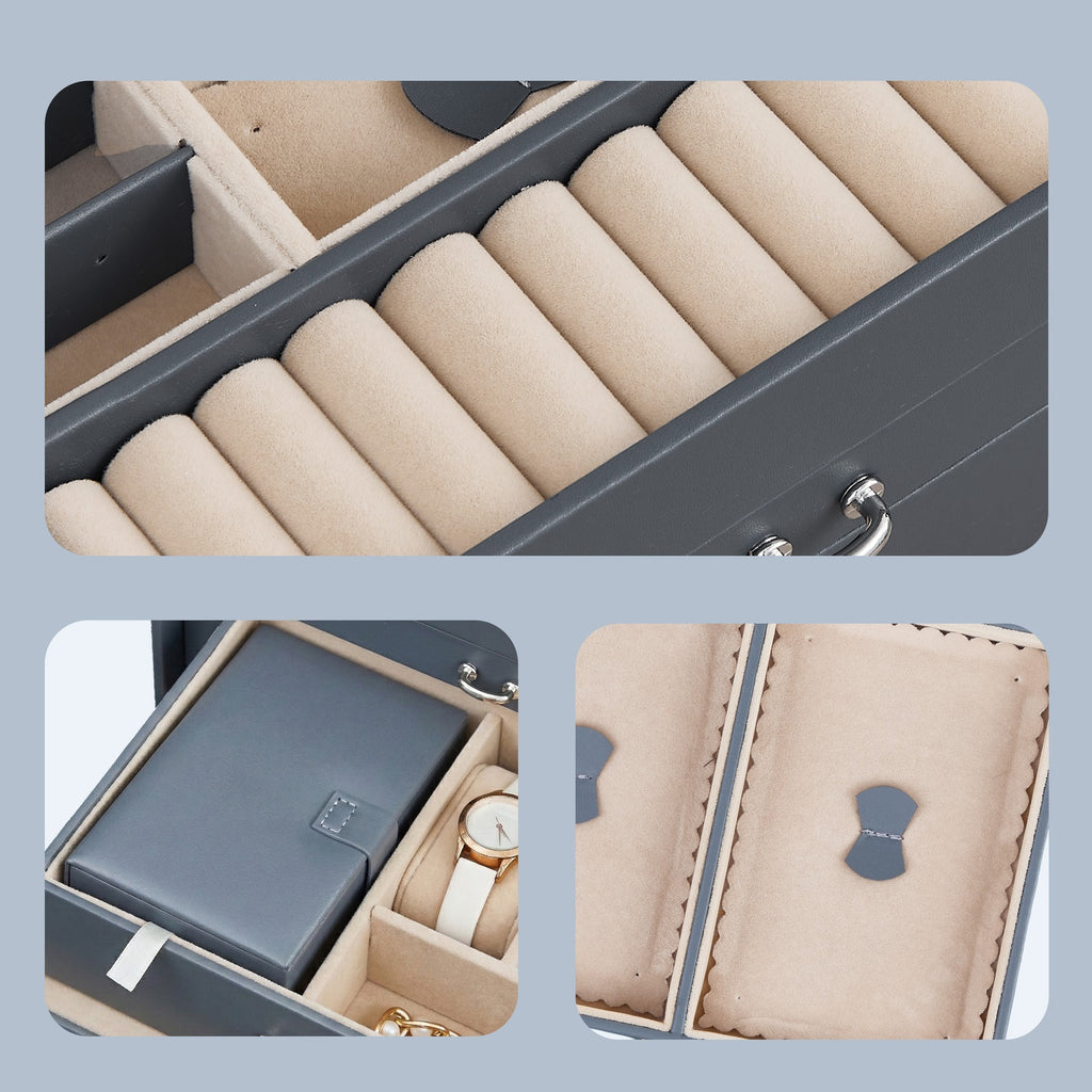 JOYFURNOS Boîte à bijoux, Organisateur de bijoux avec 2 tiroirs, Boîte à bijoux verrouillable avec miroir, Étui de voyage portable, Pour bagues, bracelets, boucles d'oreilles, colliers, Doublure en velours, Cadeau, Gris
