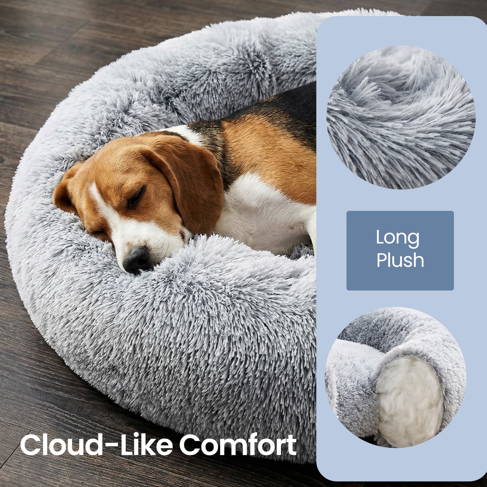 JOYFURNOS Lit pour chien en forme de beignet moelleux apaisant avec housse amovible lavable, 80 cm, gris
