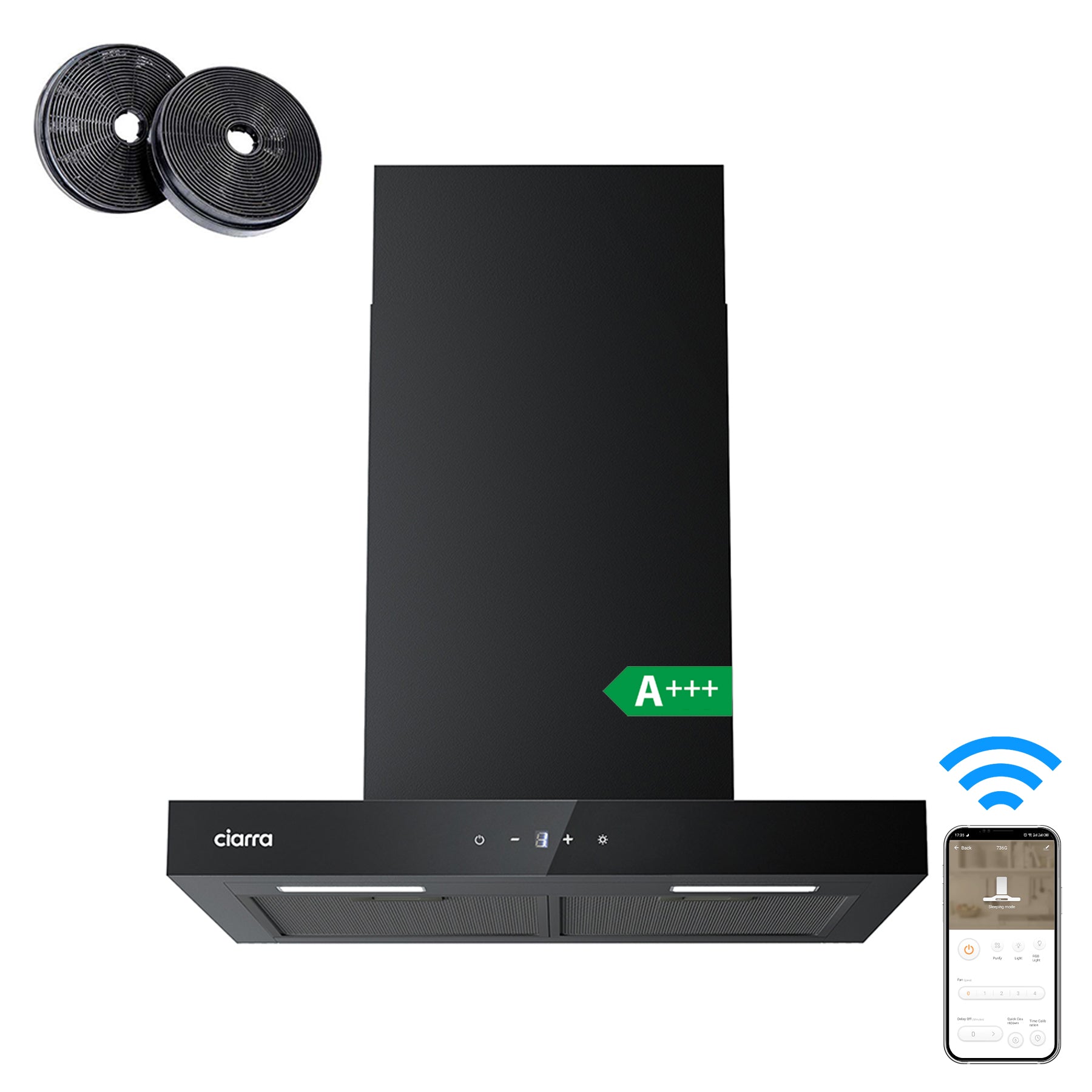 CIARRA Hotte aspirante à recirculation, commande tactile Wi-Fi et app, 650 m³/h, fixation murale, 4 vitesses avec booster, filtres en aluminium noir, classe énergétique A+++ - 60 cm
