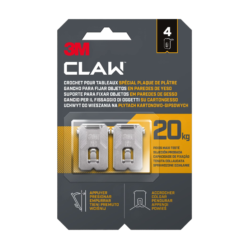 3M™ CLAW Lot de 4 crochets en métal pour tableaux spécial plaque de plâtre - 20 kg max