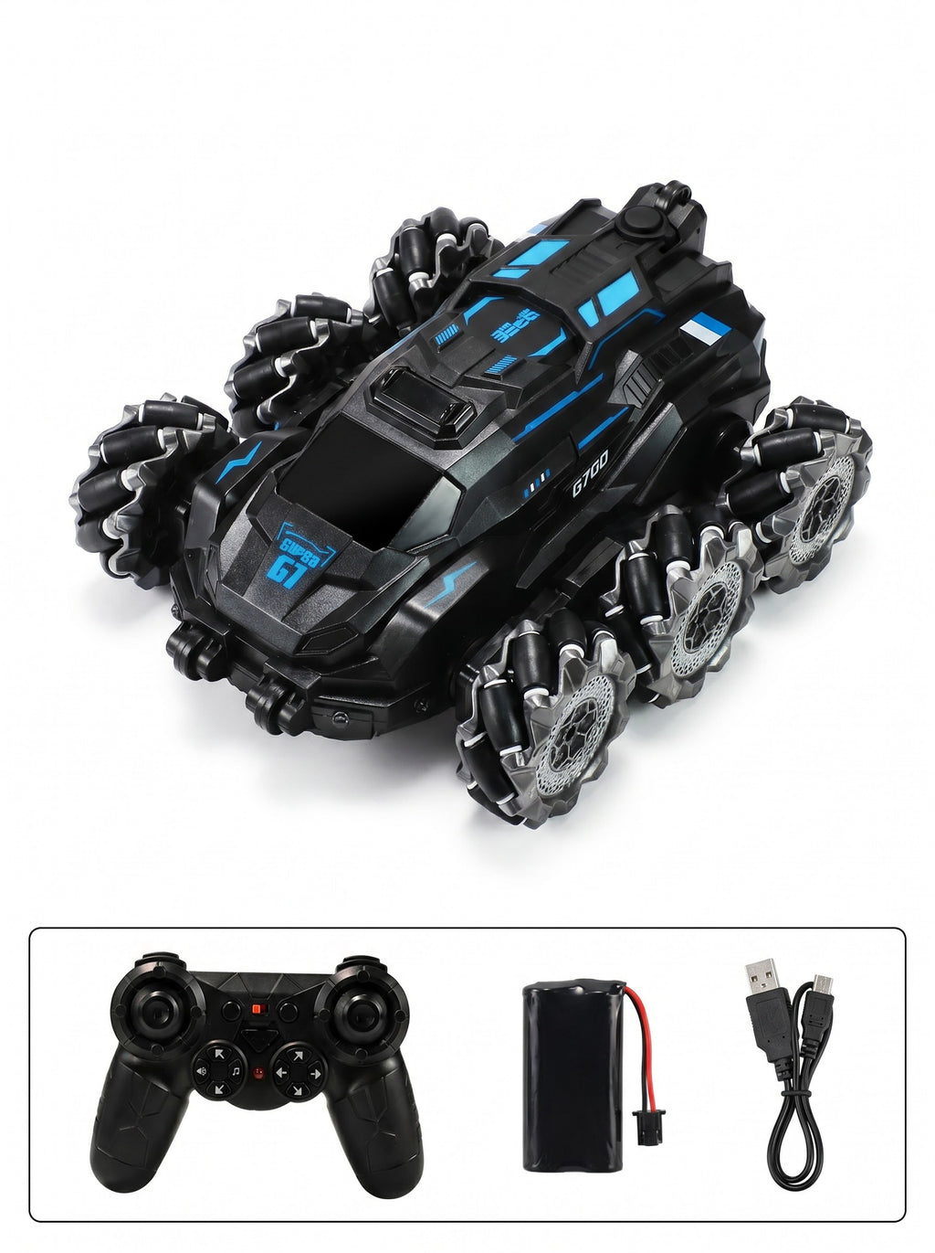 Voiture de Cascade RC 6WD en Alliage Métallique, Design Brume, Télécommande 2,4 g, Drift Latéral et Rotation à 360°, Lumières LED et Musique, Jouet Tout-Terrain pour Enfants 6+, One Piece en Bleu