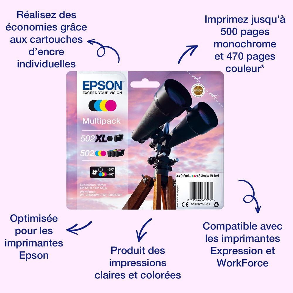 Lot de cartouches d’encre 4 couleurs 502 Étoile de mer Noir Cyan Magenta Jaune