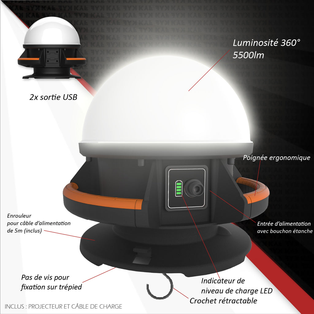 KYF Projecteur de chantier hybride 50 W 360 ° à pince, 5 500 lm, avec batterie externe