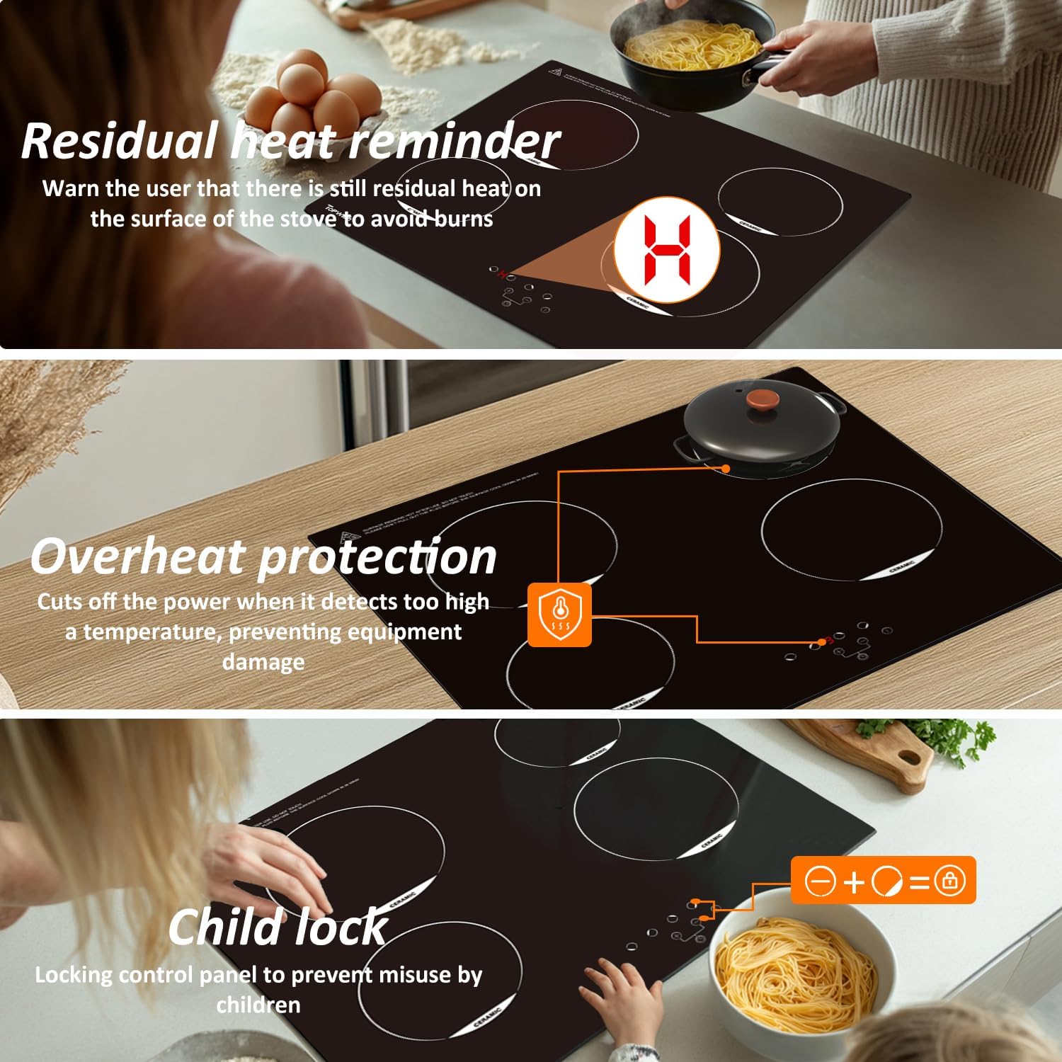 TOPWISH Plaque de cuisson vitrocéramique 4 foyers, Table de cuisson électrique encastrable, Commande tactile, Verrouillage sécurité enfant, Protection contre la surchauffe