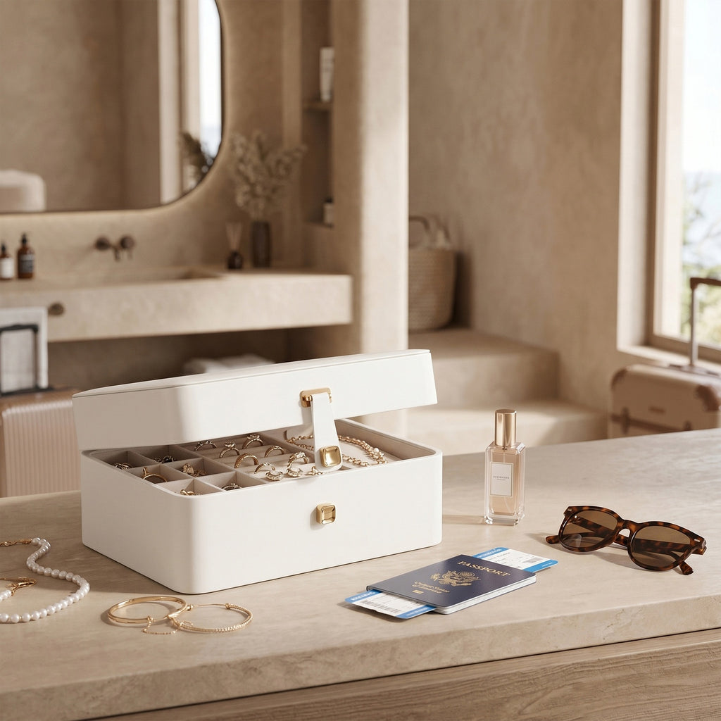 JOYFURNOS Boîte à bijoux à 2 niveaux avec miroir, plateau amovible, organiseur de colliers et boucles d’oreilles - Blanc