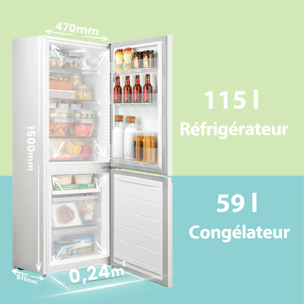 Comfee' RCB169WH2(E) 174 L 70/30 Réfrigérateur-congélateur pose libre, Hauteur 150 cm, Low Frost, Congélateur 4 étoiles, Silencieux 39 dB, Thermostat réglable, Éclairage LED, Porte réversible, Blanc [Classe énergétique E]