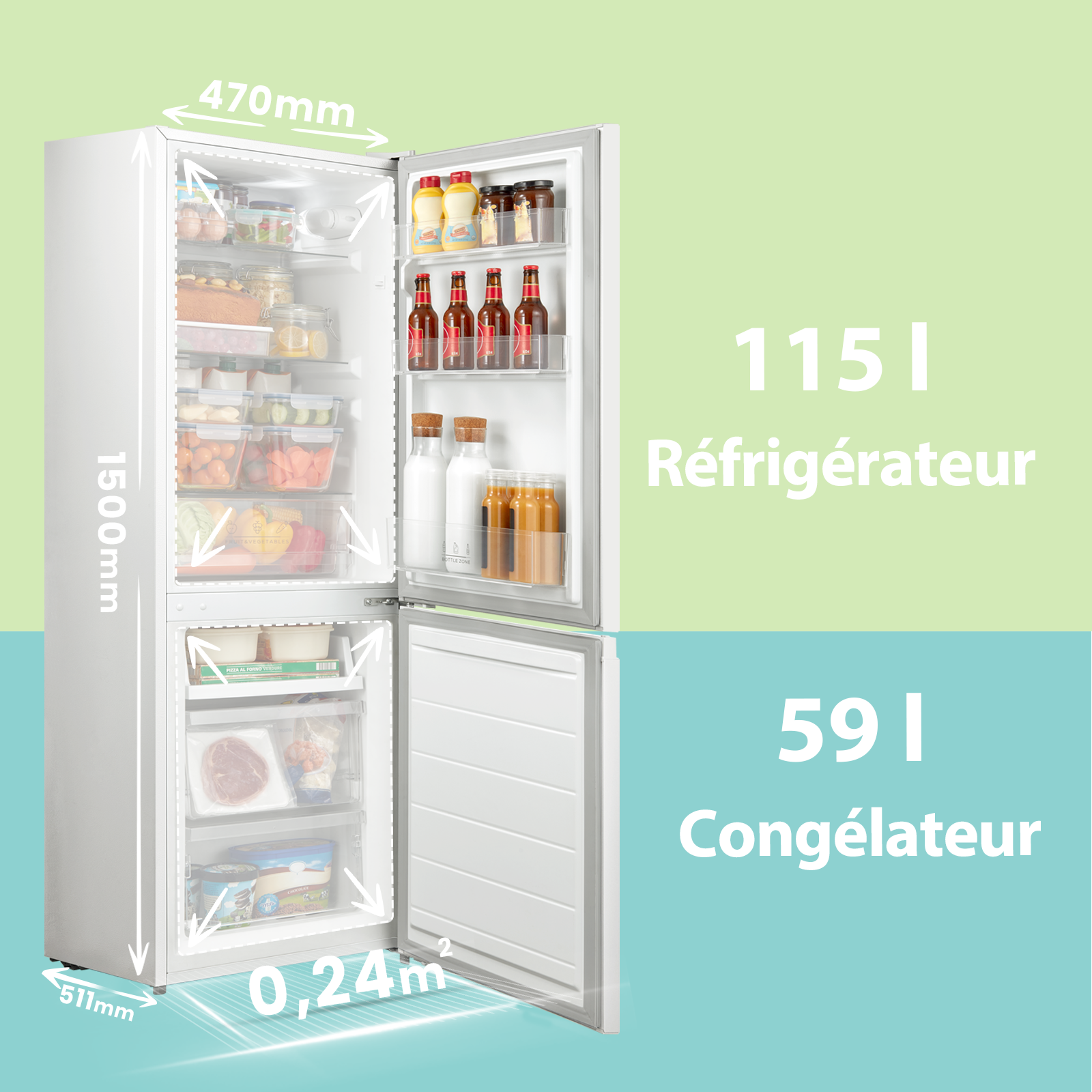 Comfee' RCB169WH2(E) 174 L 70/30 Réfrigérateur-congélateur pose libre, Hauteur 150 cm, Low Frost, Congélateur 4 étoiles, Silencieux 39 dB, Thermostat réglable, Éclairage LED, Porte réversible, Blanc [Classe énergétique E]