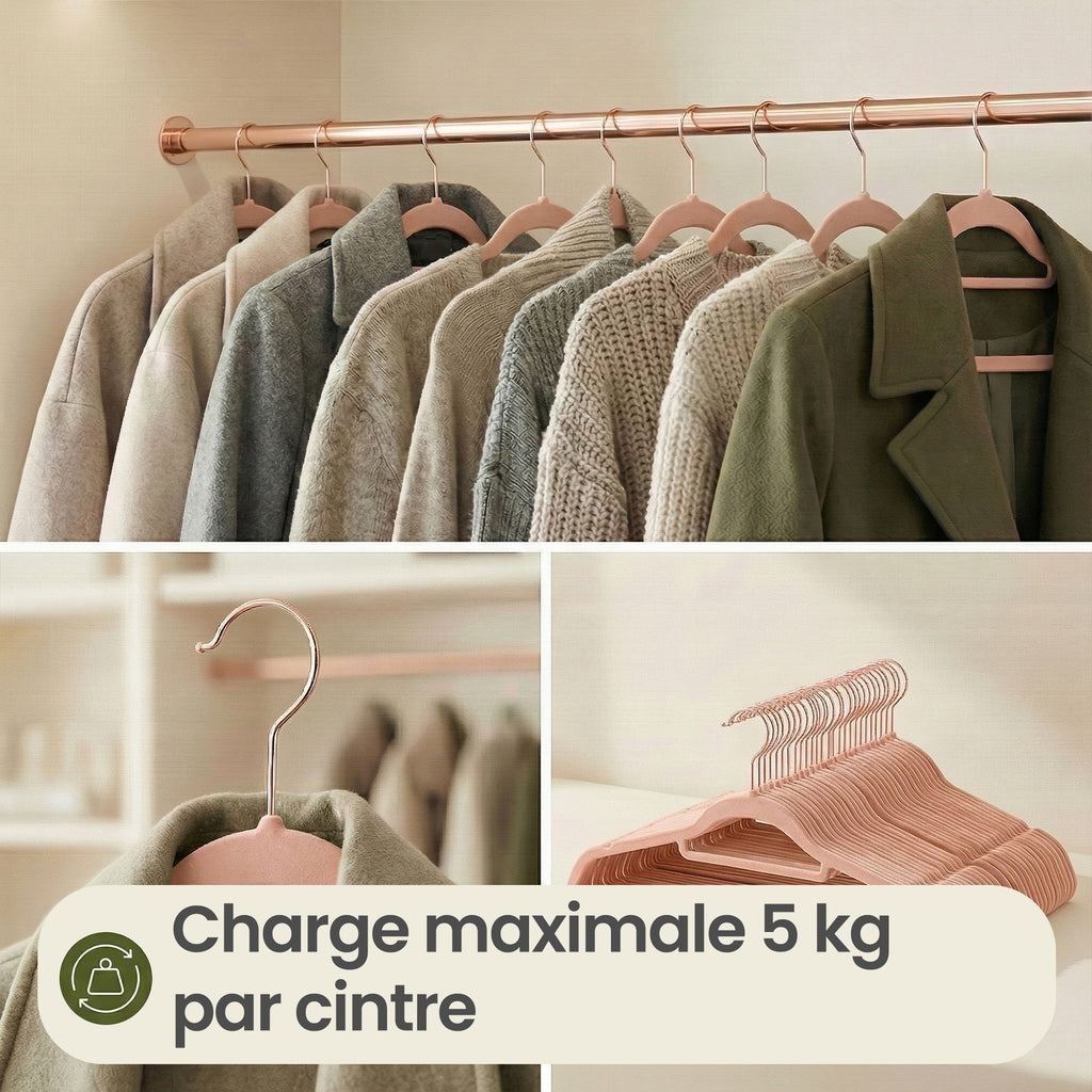 JOYFURNOS Lot de 50 cintres en velours de luxe – Or Rosé & Rose Clair, longueur 43,5 cm, ultra-fin 0,6 cm – antidérapants, gain de place