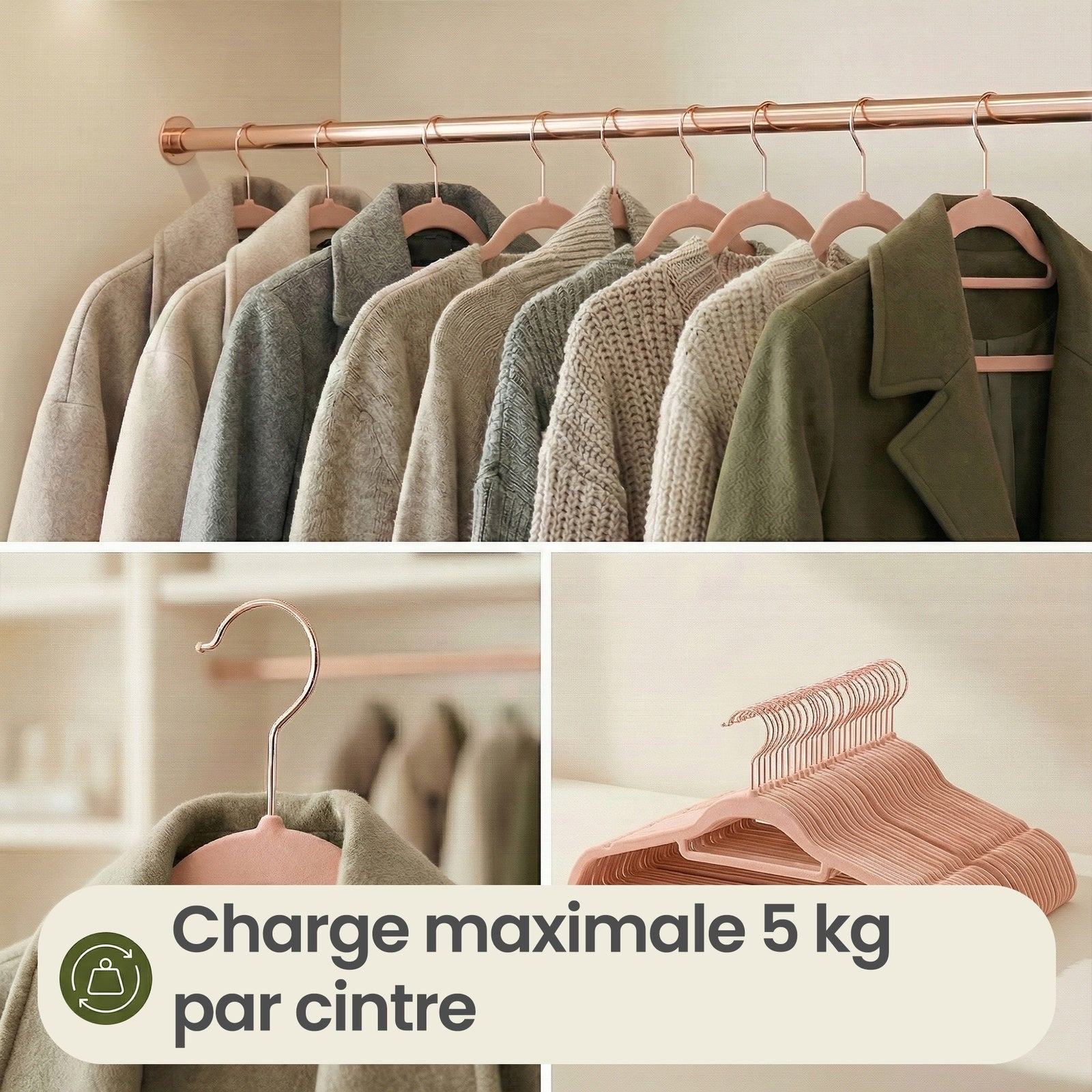 JOYFURNOS Lot de 50 cintres en velours de luxe – Or Rosé & Rose Clair, longueur 43,5 cm, ultra-fin 0,6 cm – antidérapants, gain de place