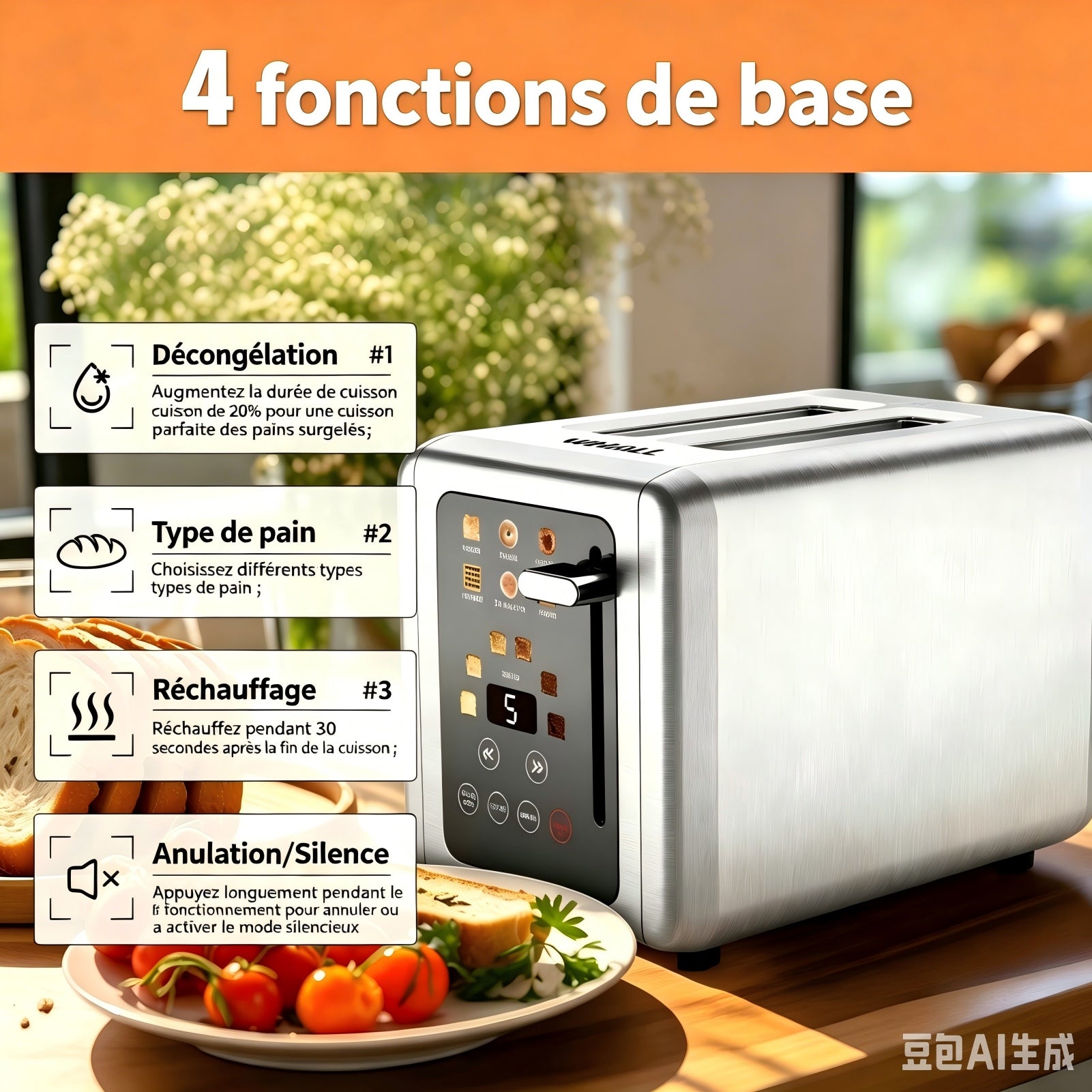 WHALL Grille-pain numérique intelligent avec écran tactile, 2 tranches, fentes larges de 1,5 pouce, 6 niveaux de toast et 6 types de pain, fonction mémoire, minuteur, inox brossé