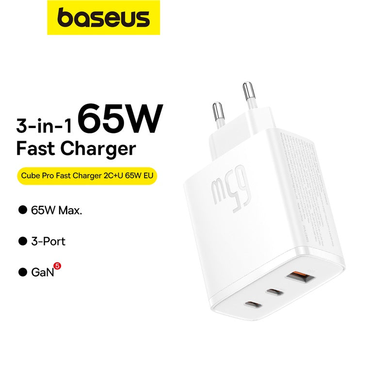 Baseus Small Cube Pro Gallium Nitride Chargeur rapide 2 C + U 65 W - Blanc lune