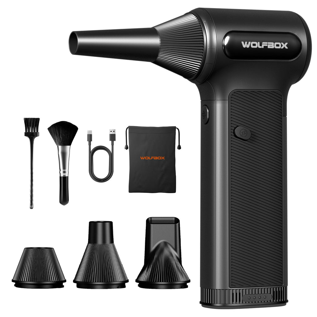 WOLFBOX DF200 Souffleur d'air électrique - Pression de vent de 320 g, moteur sans balais rechargeable à 3 vitesses pour voiture/PC/maison/extérieur