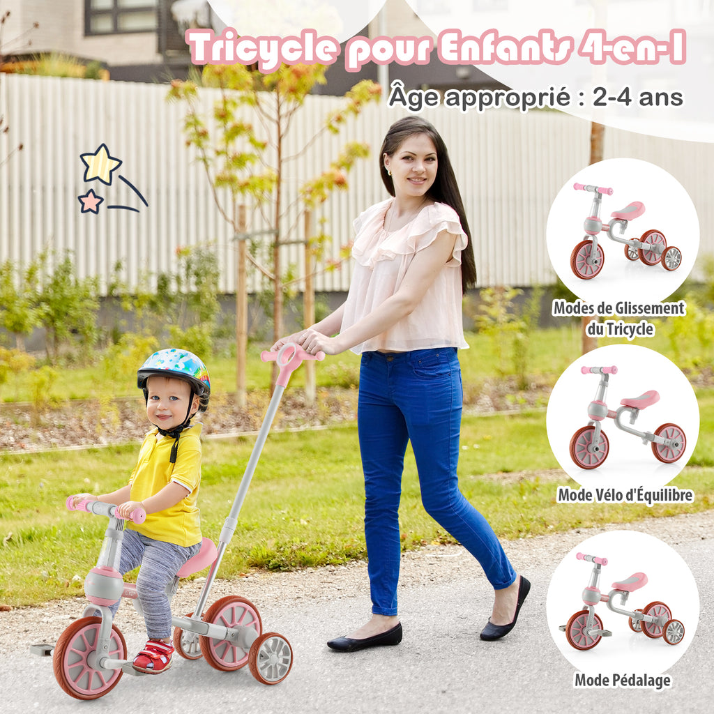Costway Tricycle enfant 4-en-1 avec barre de poussée parentale réglable, adapté aux 2-4 ans - Rose