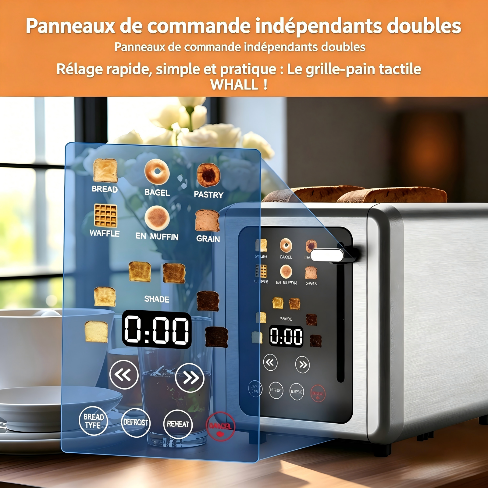 WHALL Grille-pain numérique intelligent avec écran tactile, 2 tranches, fentes larges de 1,5 pouce, 6 niveaux de toast et 6 types de pain, fonction mémoire, minuteur, inox brossé