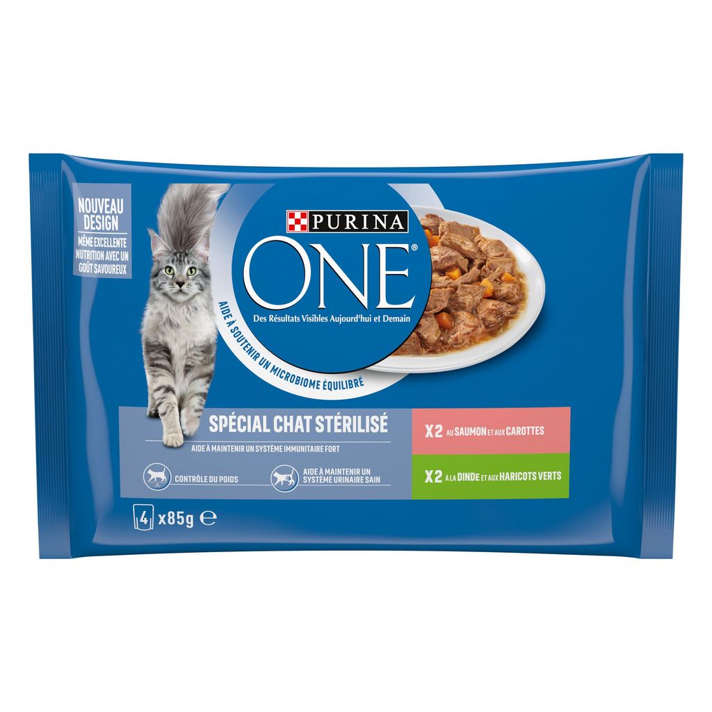 Purina Aliment humide pour chat au saumon, à la dinde et aux carottes, 4 sachets x 85 g