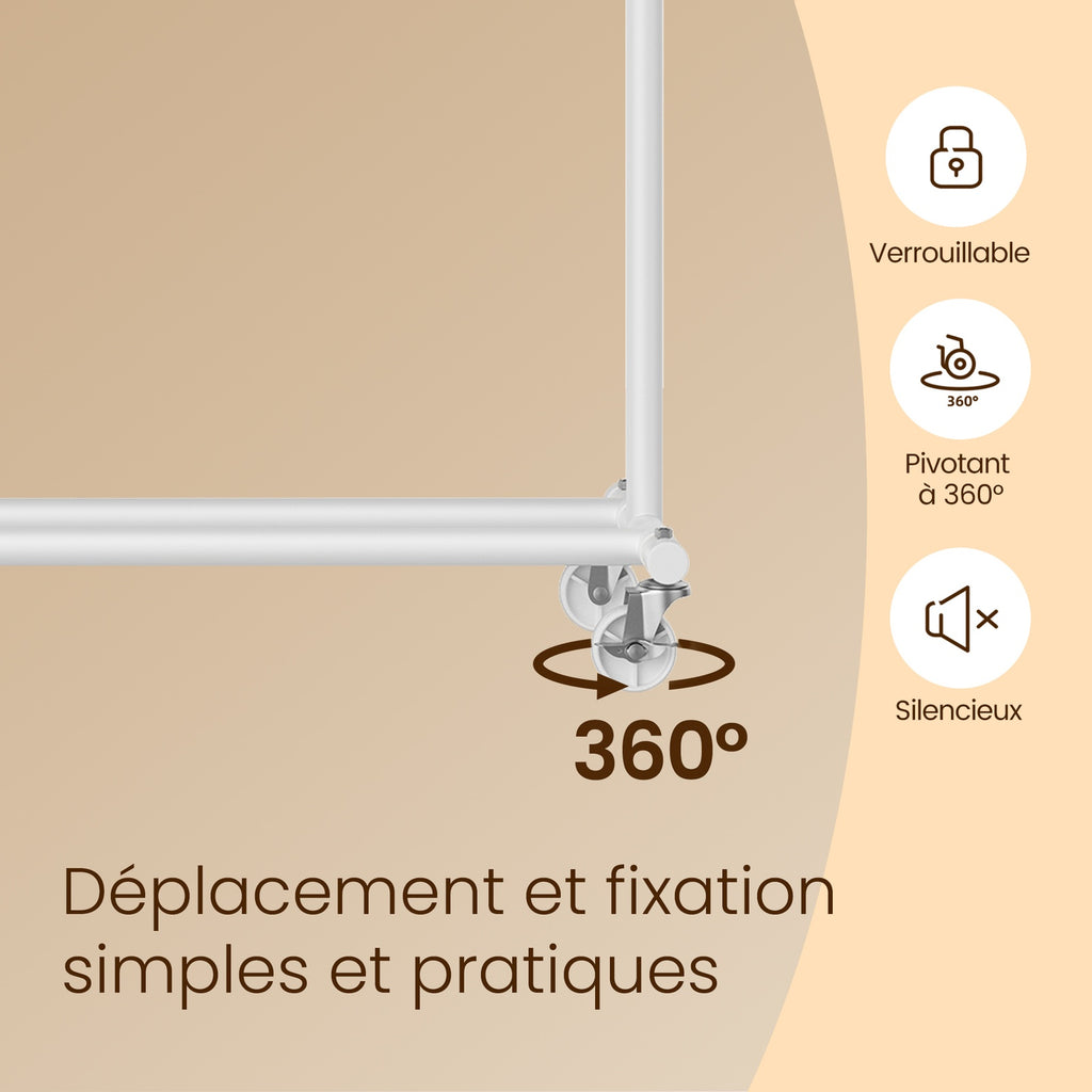 JOYFURNOS Portant à Vêtements sur Roulettes, Tringle à Vêtements Robuste, 45 x (92-132) x 161,5 cm, avec Tringle Extensible, Capacité de Charge 100 kg, Portable, Blanc