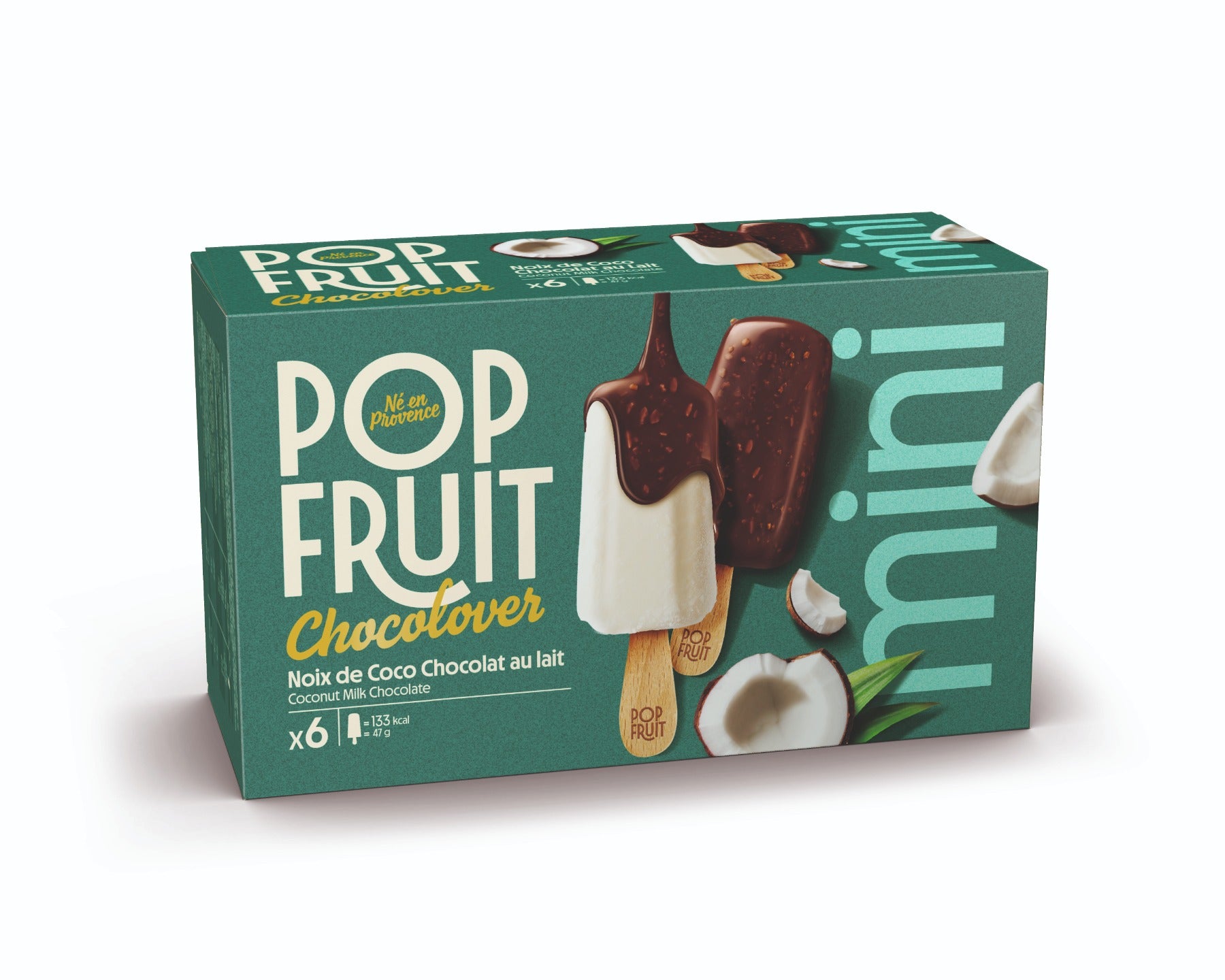 POP FRUIT Mini-bâtonnets sorbet noix de coco et chocolat au lait - 282 g / 6 pièces