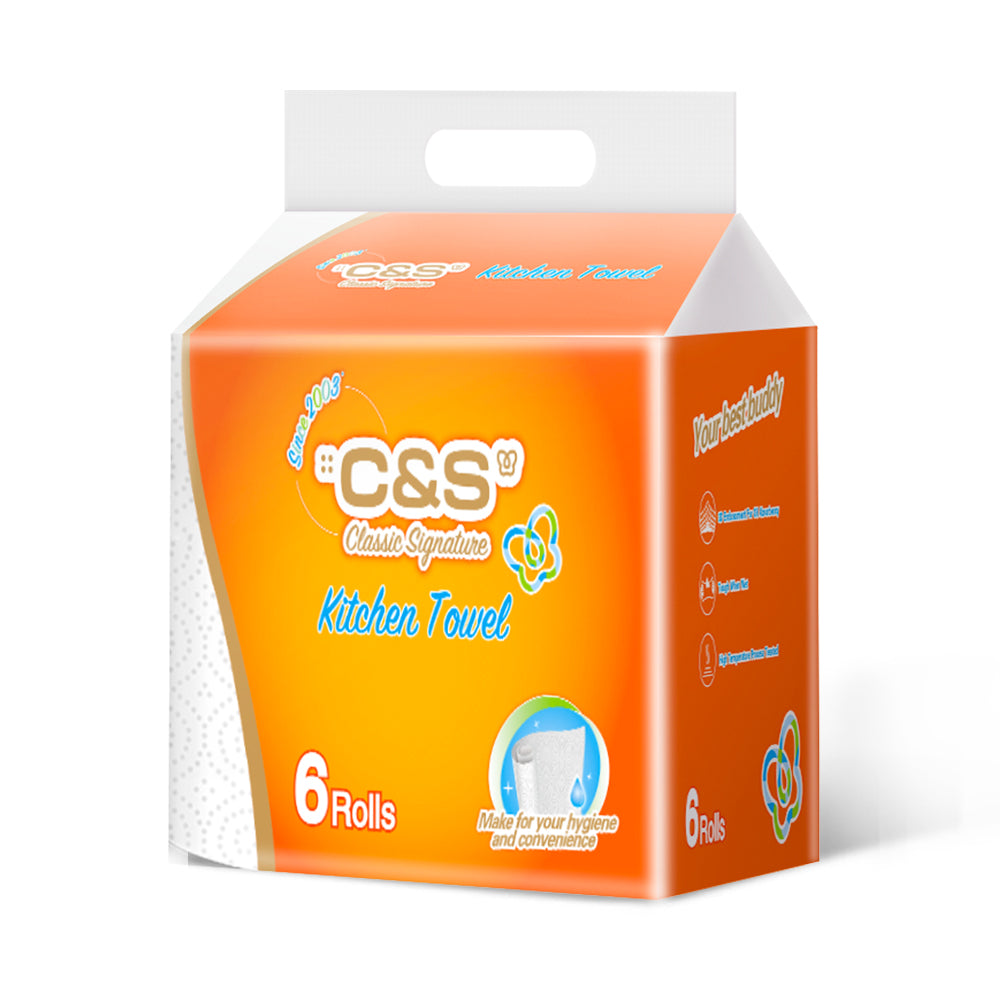 C&S Rouleaux d'essuie-tout, 2 plis, 390 feuilles (65 feuilles * 6 rouleaux), super absorbants, absorbent l'huile, anti-fuite d'eau, indispensable pour la cuisine