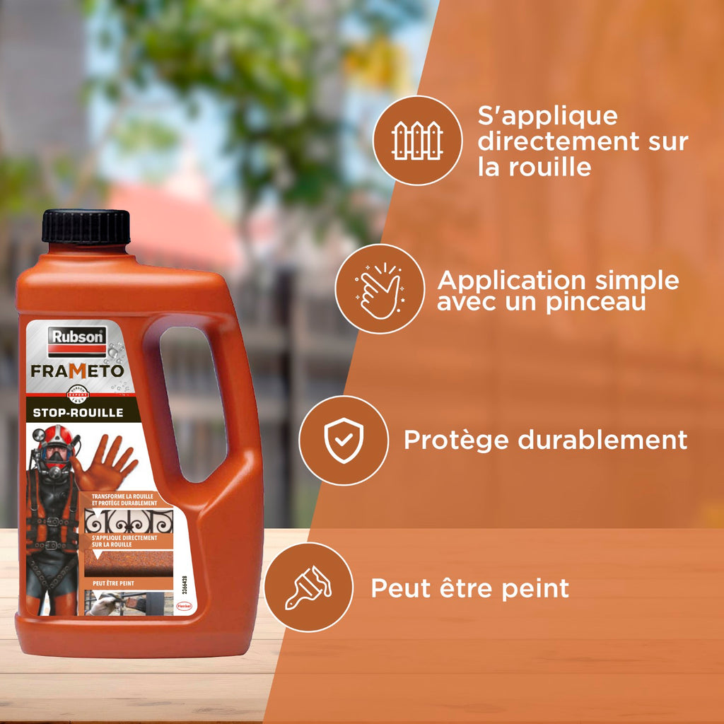 Rubson | Frameto Stop-Rouille (bidon 1 L) – Traitement anti-rouille pour intérieur et extérieur – Convertisseur de rouille à effet immédiat, peut être peint
