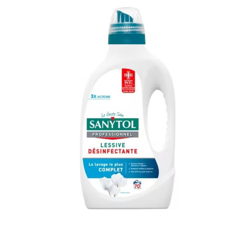 Sanytol Lessive liquide professionnelle désinfectante, Action 3 en 1, Fraîcheur florale, 70 lavages, 3,5 L