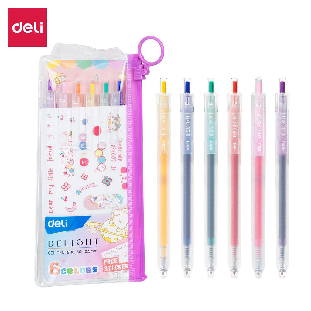 Deli Stylos gel 0,5 mm, Fournitures d’écriture de bureau, Lot de 6 (Rouge/Bleu/Jaune)