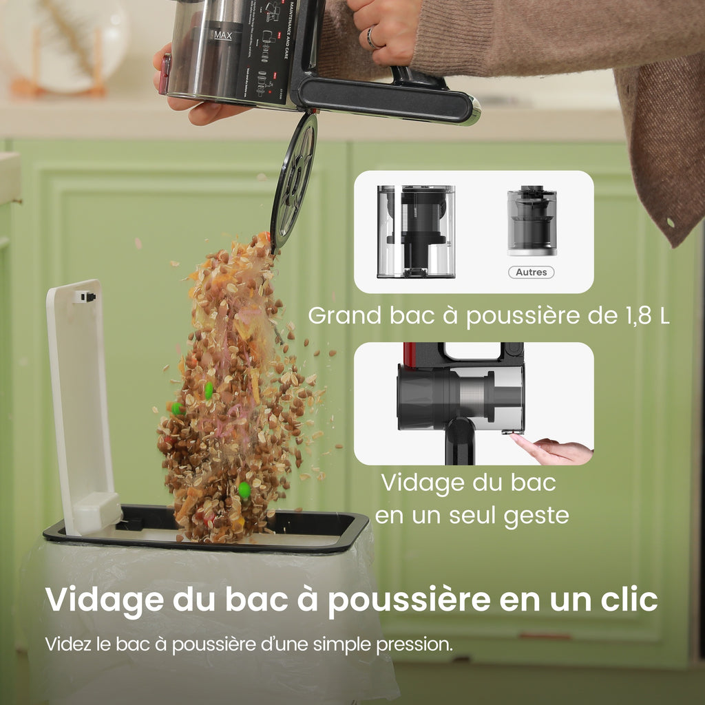 MonsgaClean M100 Aspirateur sans fil rouge, 55000 Pa, 45 min, écran tactile, lumière verte pour révéler la poussière, anti-emmêlement, tient debout tout seul, rechargeable