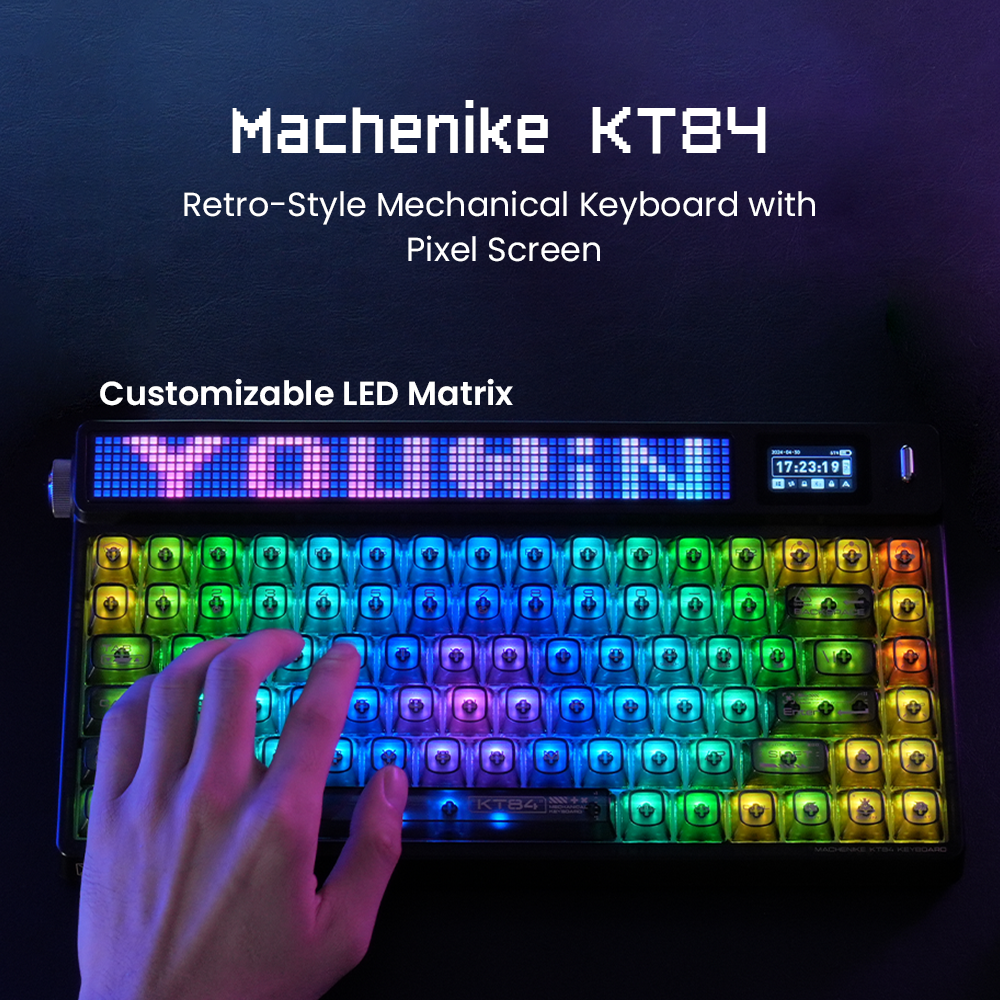 Machenike KT84-B84W clavier mécanique 75 % triple mode, disposition QWERTY US, Noir, interrupteur jaune Gateron Smart Screen