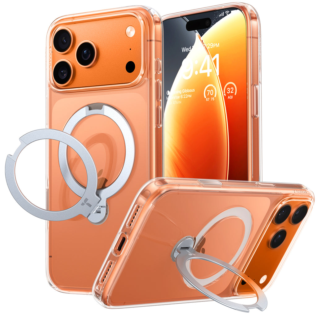 TORRAS Coque Série Ostand Spin pour iPhone 17 Pro , [Finition mate antidérapante et anti-traces de doigts] - Transparente