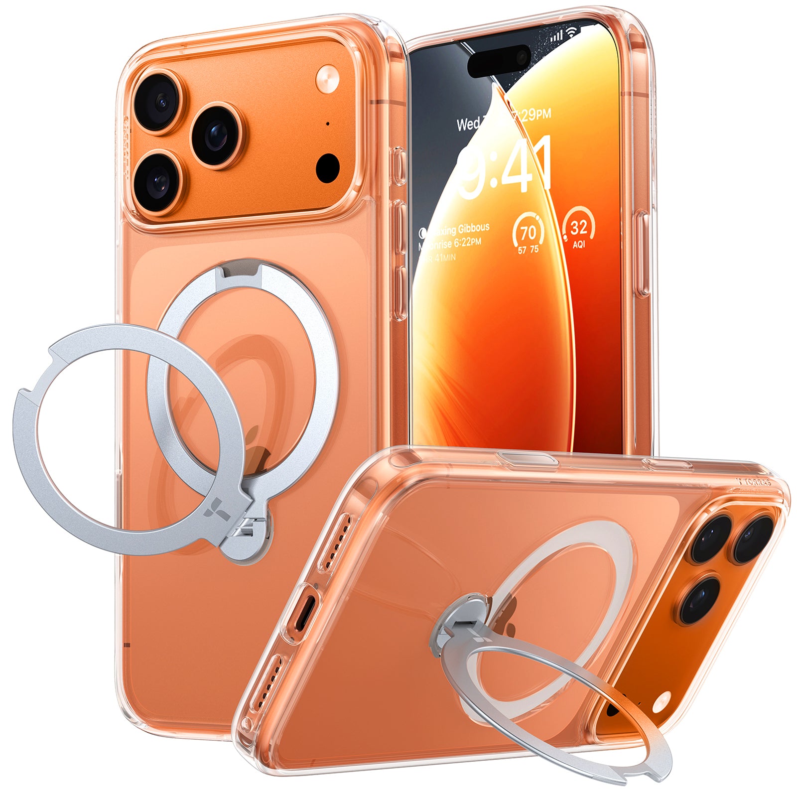 TORRAS Coque Série Ostand Spin pour iPhone 17 Pro , [Finition mate antidérapante et anti-traces de doigts] - Transparente