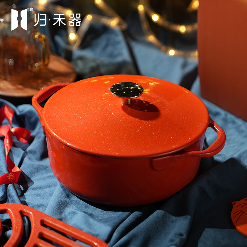 Guiheqi Édition limitée - Cocotte en fonte émaillée à double anse, fond plat, pression douce - 22 cm, 3 L - Orange vermillon kaki