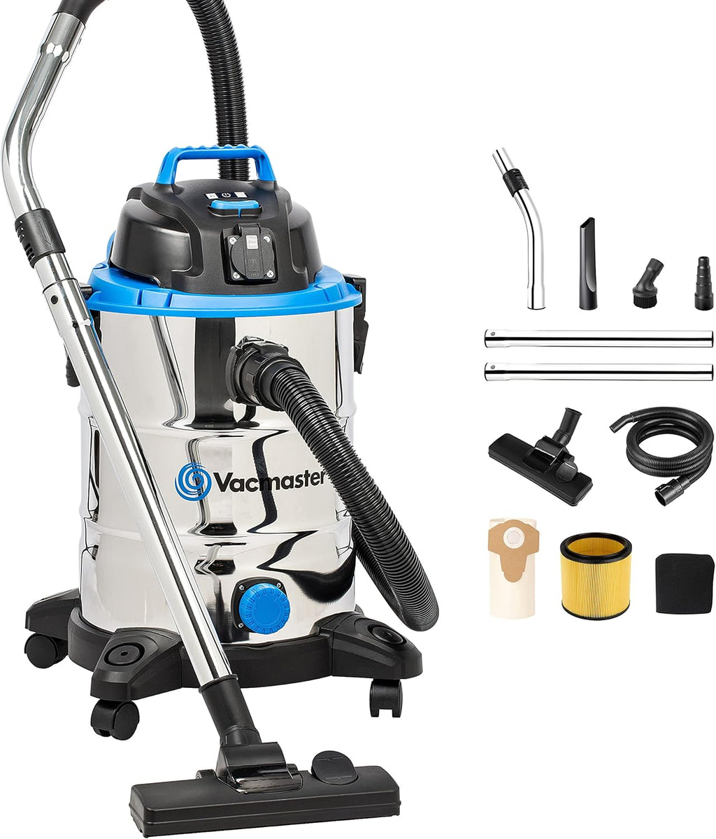 Vacmaster VQ1530SFDC 1500W 30L Aspirateur Eau et Poussière 3-en-1 avec Souffleur, Inox, Prise Intégrée pour Outils Électriques, avec ou sans Sac