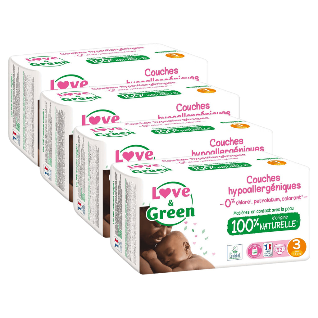 LOVE & GREEN Couches pour Bébé Écologiques Hypoallergéniques Taille 3 4-9 kg - Pack Mensuel de 4 (208 Couches au Total)
