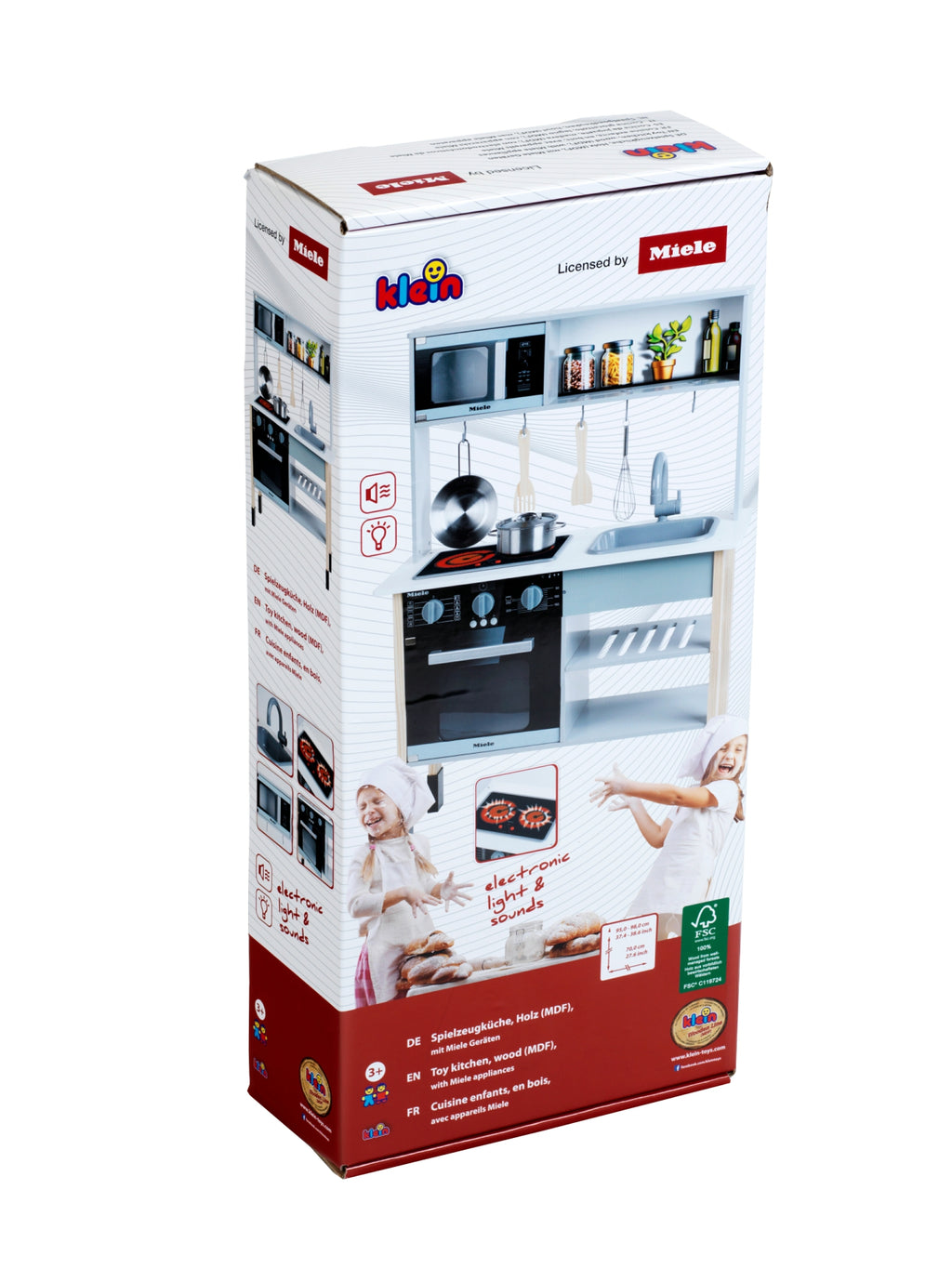 Theo Klein 7199 Miele - Cuisine de jeu en bois blanche, avec plaque de cuisson son et lumière, accessoires en acier inoxydable et bois, pour enfants dès 3 ans