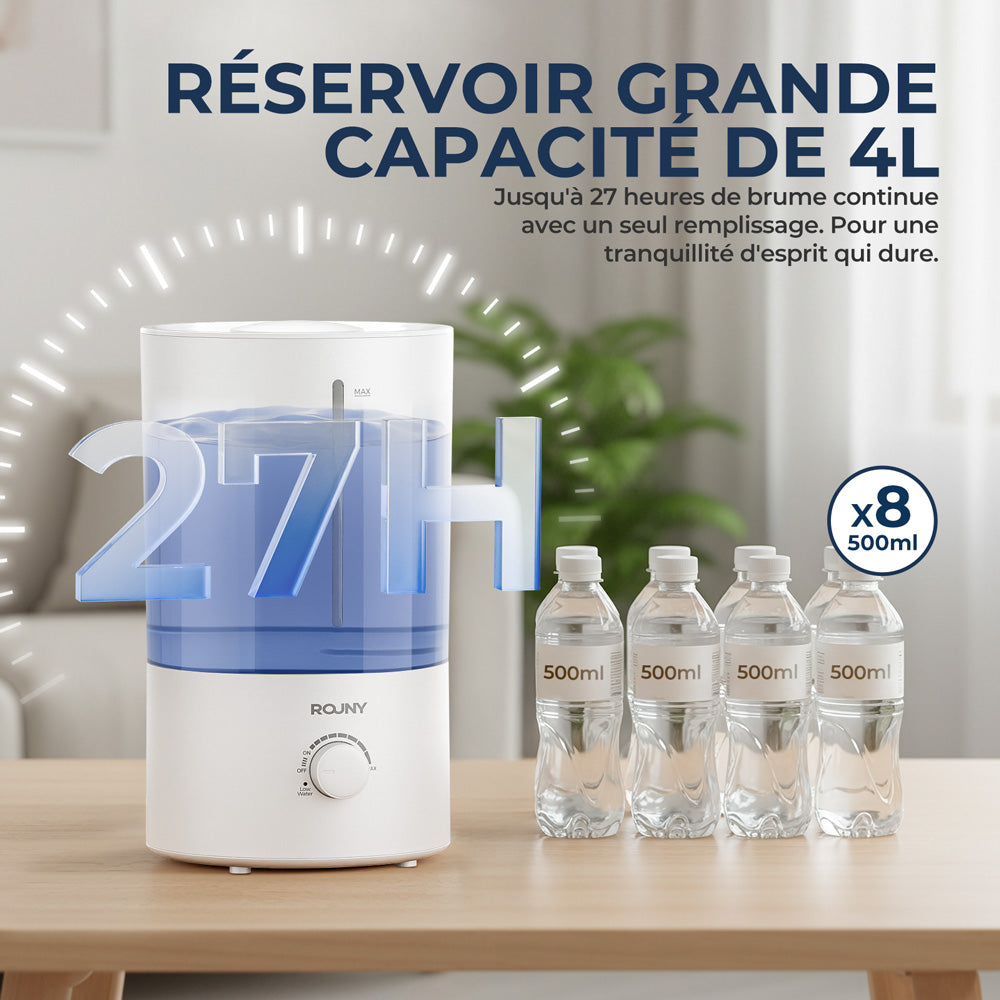 ROUNY Humidificateur d'air ultrasonique MOS W3, réservoir de remplissage supérieur de 4 L, 23 W, débit de brume de 350 ml/h, brume froide à 360°, fonctionnement silencieux ≤ 38 dB