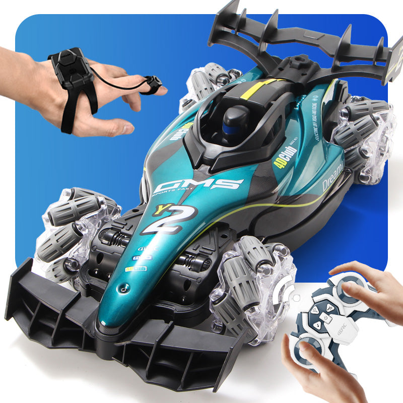 4DRC Y2 Voiture RC de télécommande gestuelle pour enfants de 6 à 12 ans, 2,4 GHz, 4x4, rotation à 360°, voiture de cascade RC Drift avec lumières, musique et spray, échelle 1:12, jouet voiture cadeau pour garçons et filles