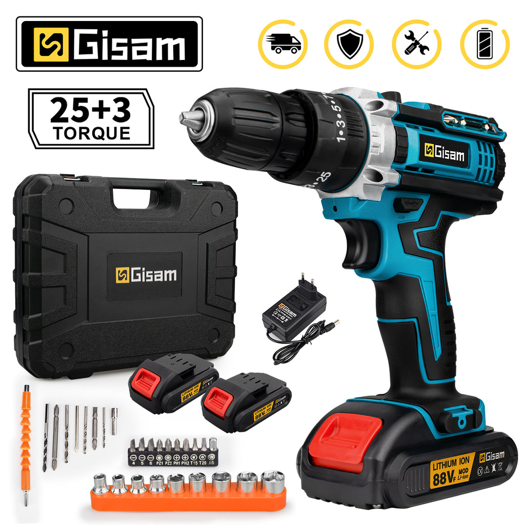 GISAM Perceuse-visseuse à percussion sans fil 25+3 réglages de couple 2 vitesses batterie lithium-ion outils électroportatifs