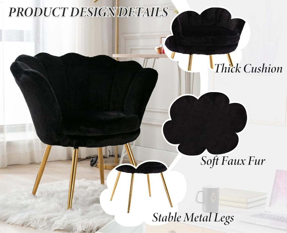 CHAIRUS Chaise d'appoint en velours en forme de pétale avec pieds dorés - Noir