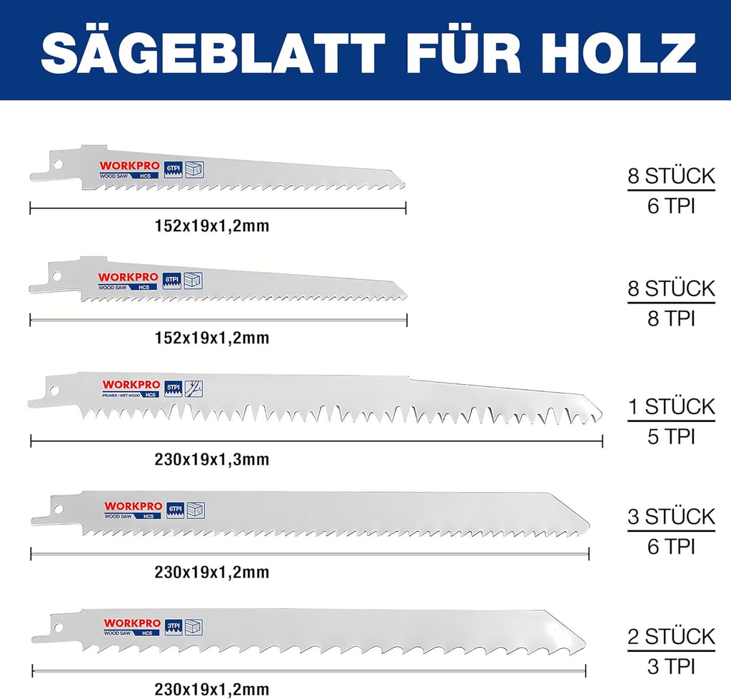 WORKPRO Lames de scie alternatives pour bois, métal et plastique, compatibles Bosch, Dewalt, Makita, Ryobi, Milwaukee, avec sac - 32 pièces