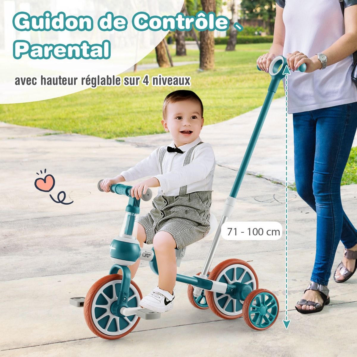 Vélo pour enfants 4-en-1, vélo d'apprentissage avec barre de poussée pour parents, dimensions 37 × 72 × 101 cm, vert