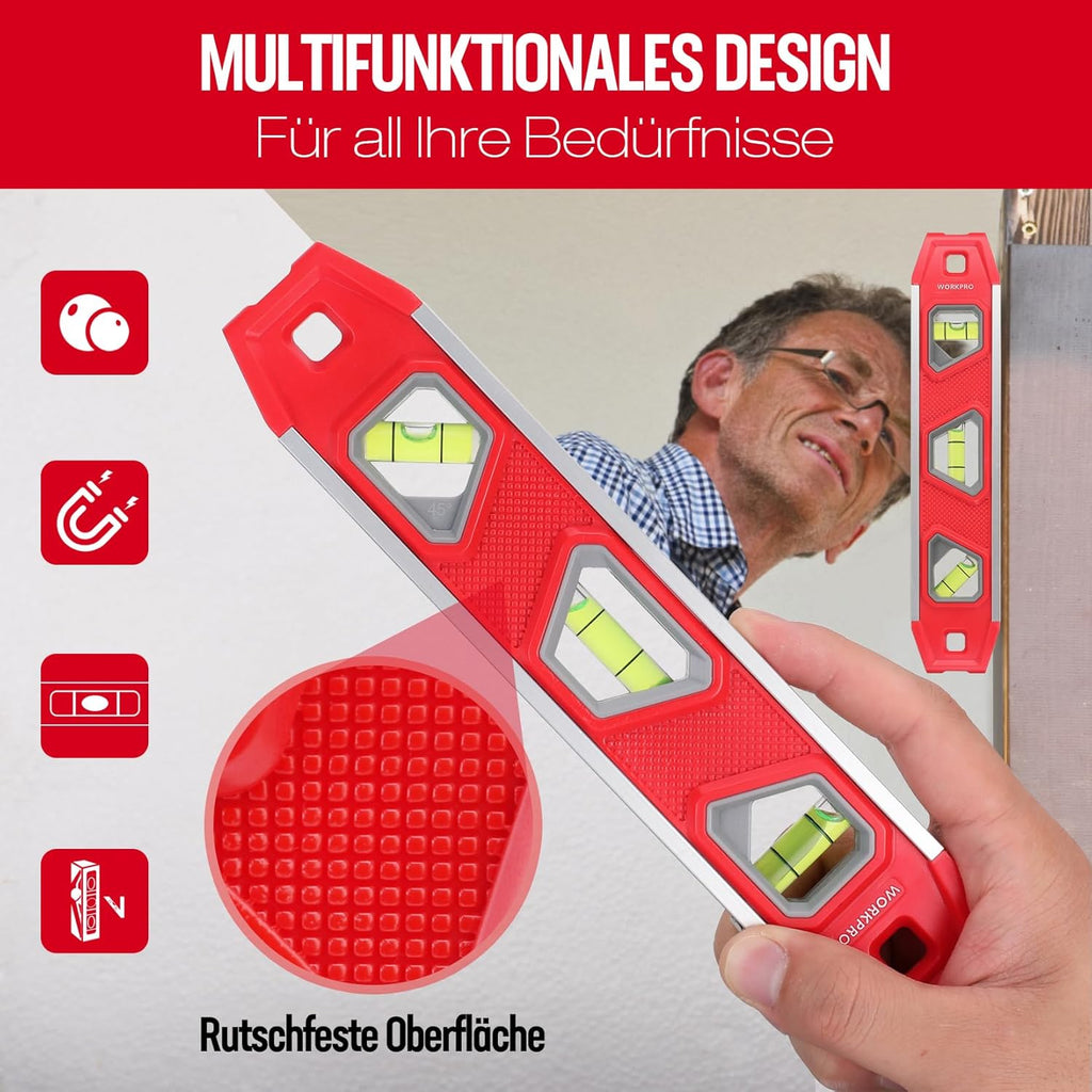 WORKPRO Niveau à bulle magnétique mini torpédo avec 3 niveaux 45°/90°/180° - 23 cm