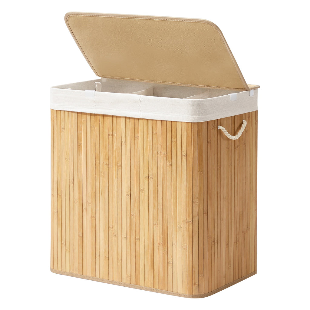 JOYFURNOS Grand Panier à Linge en Bambou, Panier à Linge Pliable à 3 Compartiments avec Couvercle, Sac Intérieur Amovible, Naturel