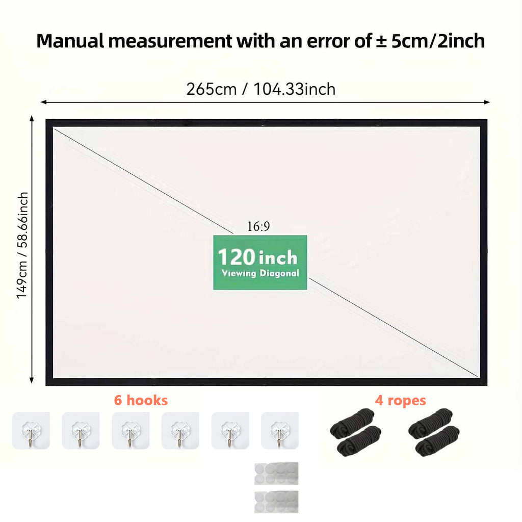 XBJ Écran de projection 120 pouces 16:9 | Écran de projection double face pliable anti-froissement HD 4K portable, angle de vision large de 160°