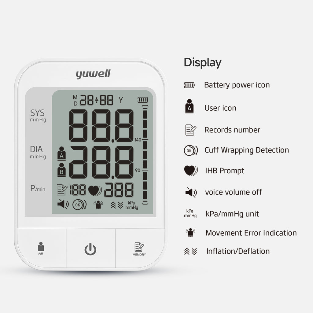 yuwell Tensiomètre, brassard extra-large pour le bras, tensiomètre numérique à usage domestique, tensiomètre à bras avec grand écran, double option d'alimentation