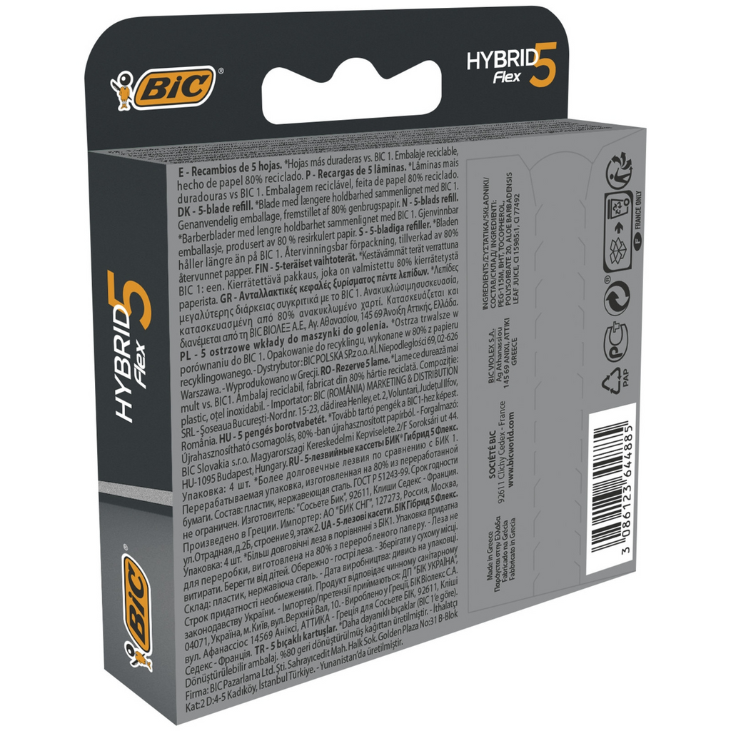 BIC Recharges Rasoir Homme Flex 5 Hybrid 5 Lames Mobiles Nanotech Revêtement Titane - 4 recharges