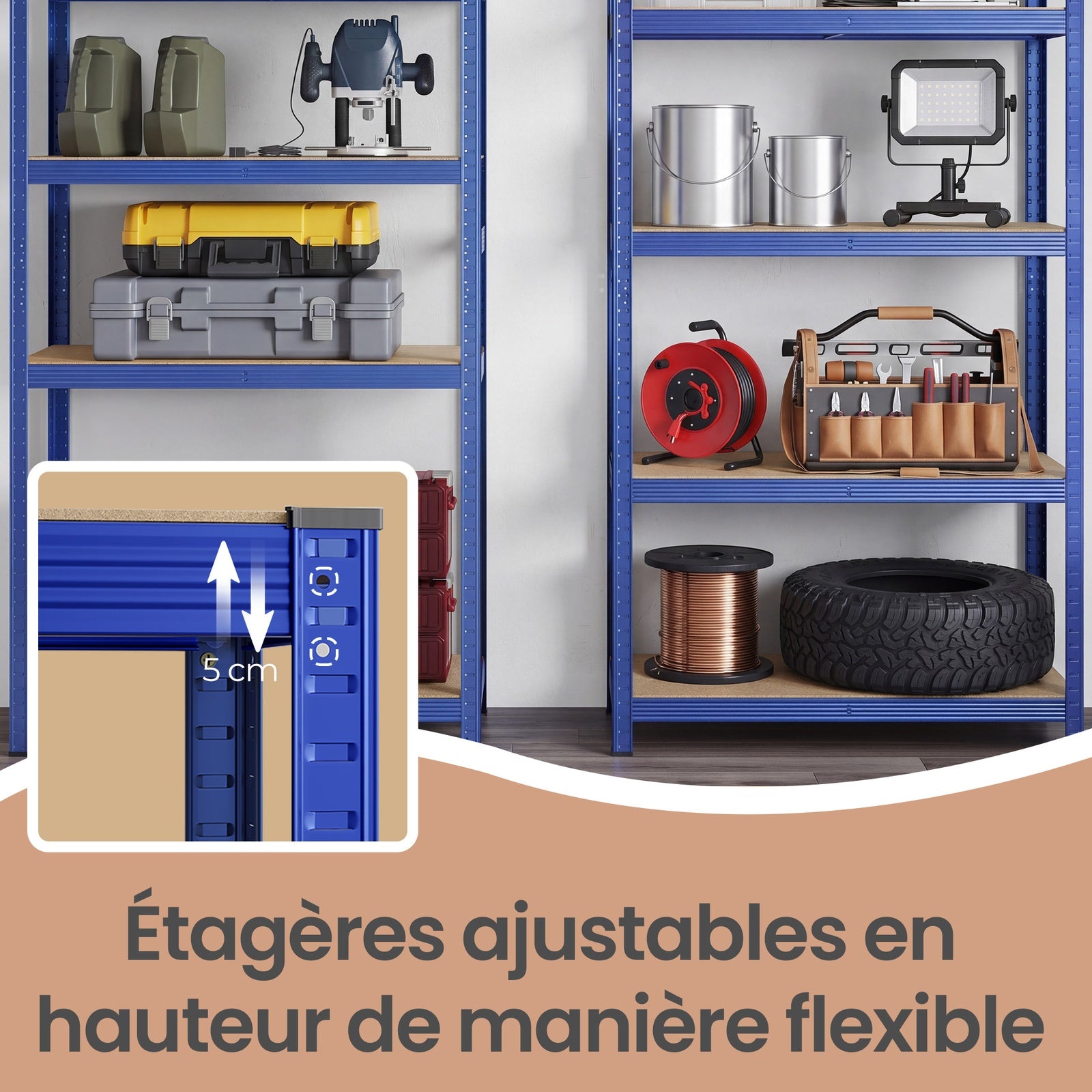 Ochama Étagère de rangement en acier à 5 niveaux, Montage sans outils, Pour garage et abri, Capacité de charge 600 kg, 50 x 100 x 200 cm, Bleu