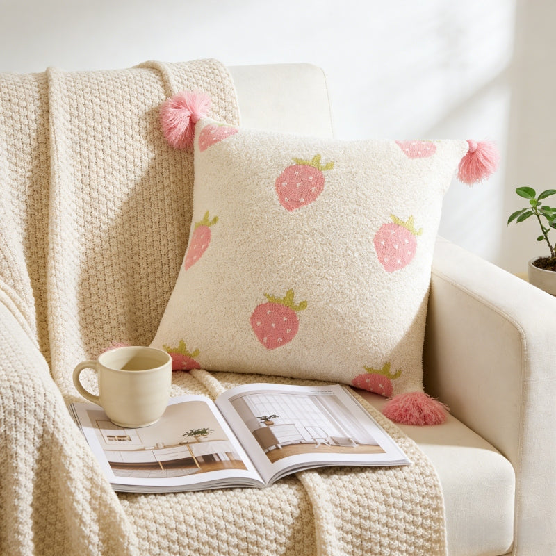 MEROPE, Housse de coussin en tricot acrylique sherpa, 50x50 cm, fraise, 1 pack